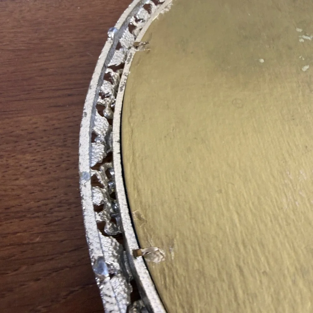 Vintage Ornate Oval Vanity Mirror Cast Metal Floral Filigree Hollywood Regency